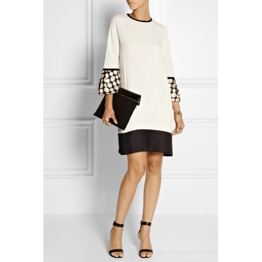 ISSA Sophie Silk Trimmed Crepe Dress Cream Bell Sleeves Polka Dot Women's 10